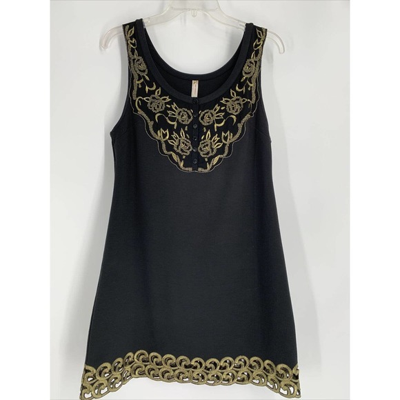 Free‎ People Black Gold Dress Sz 8 Tunic Sleeveless Tank Boho Midi Embroidered - Picture 1 of 8